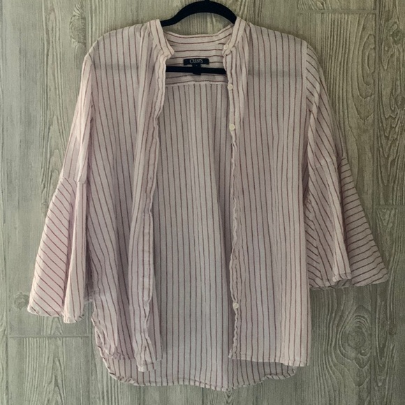 Chaps Linen Blend Bell Sleeve Red and White Pin Stripe Button Down Blouse M - Picture 3 of 9
